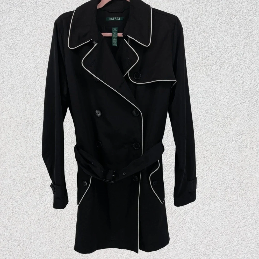 Lauren Ralph Lauren Black Trench Coat White Piping Belted Women L‎ Classic Paris